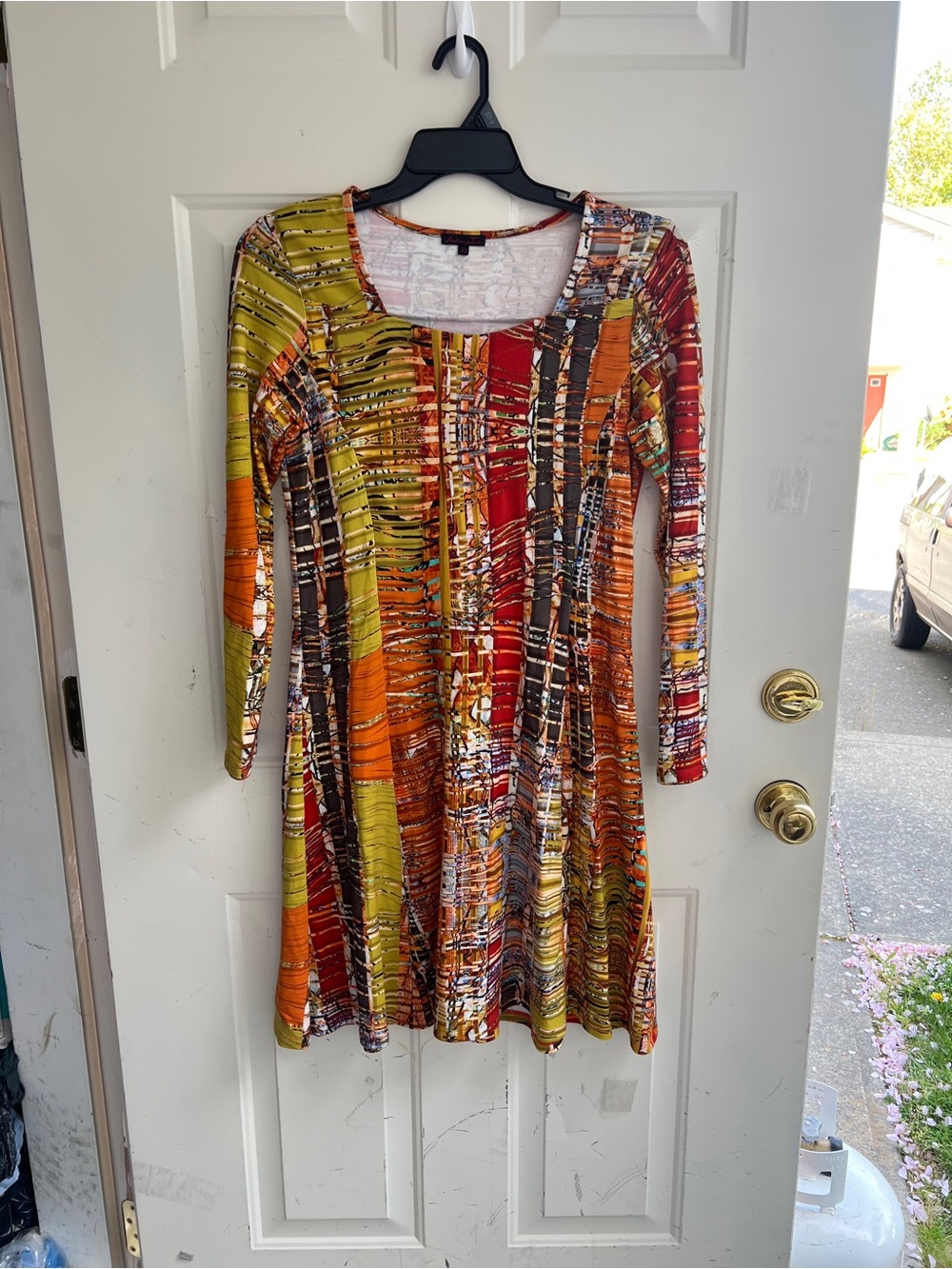 Abstract Multicolor Long Sleeve A-Line Dress